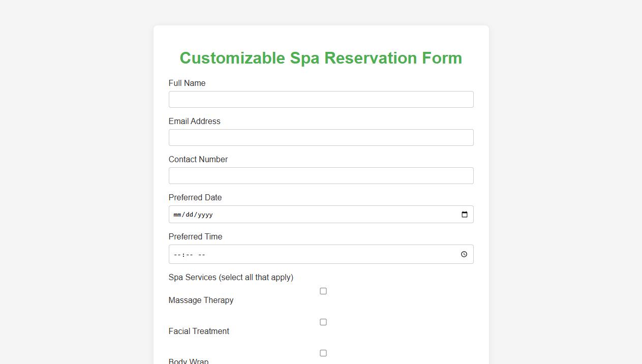 customizable spa reservation form sample for wellness retreat image preview