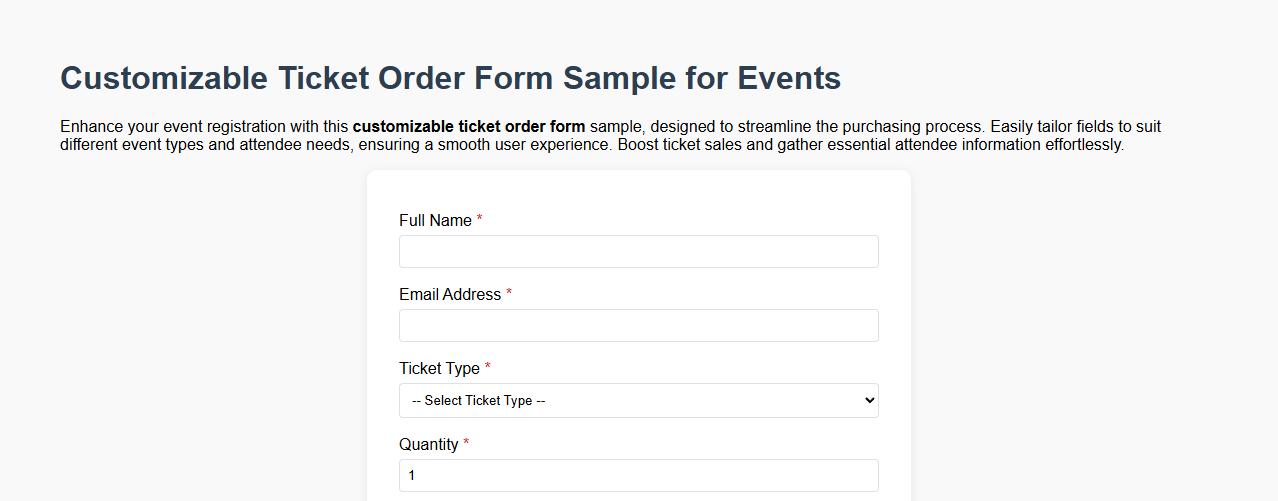 Customizable ticket order form sample for events image preview
