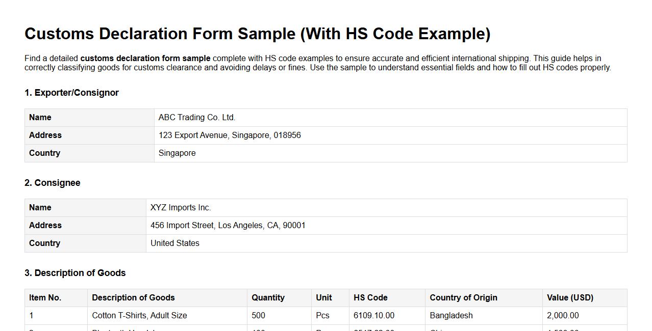 customs declaration form sample with HS code example image preview