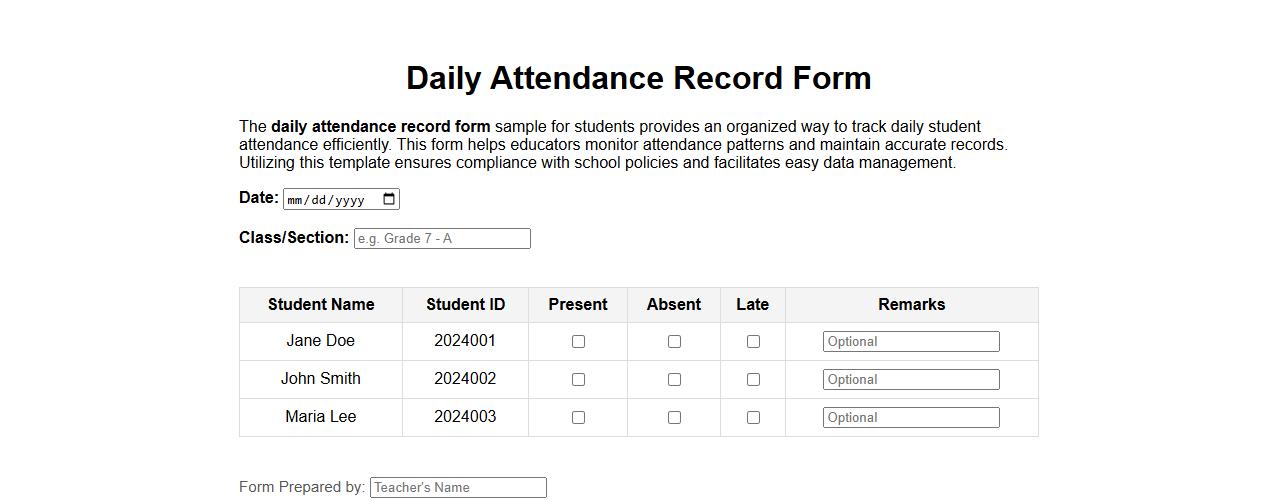 Daily attendance record form sample for students image preview