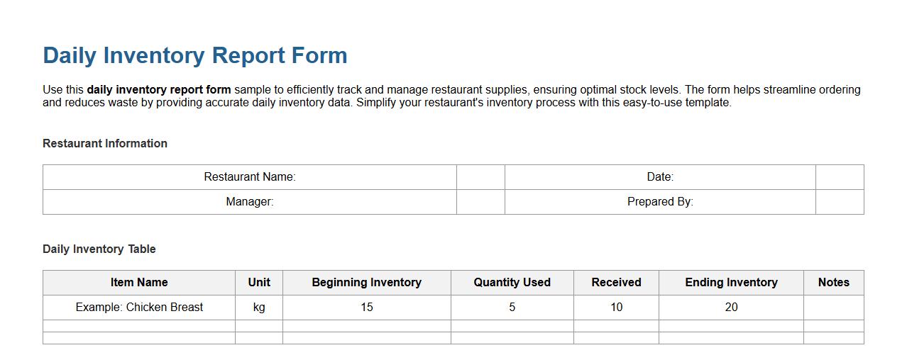 daily inventory report form sample for restaurants image preview