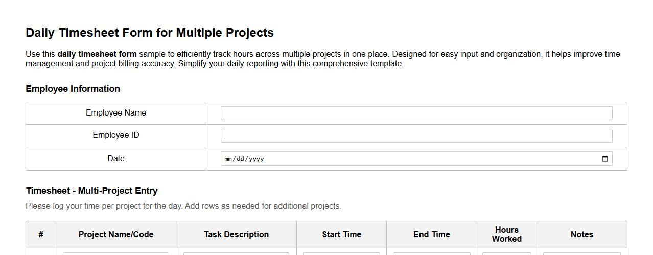 daily timesheet form sample for multiple projects image preview