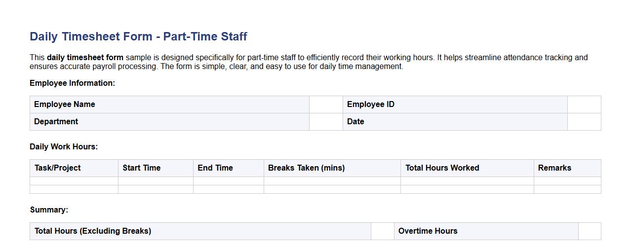 daily timesheet form sample for part-time staff image preview