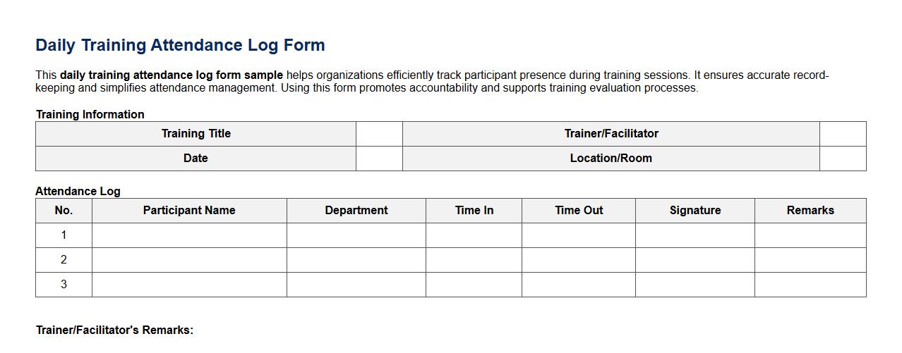daily training attendance log form sample image preview