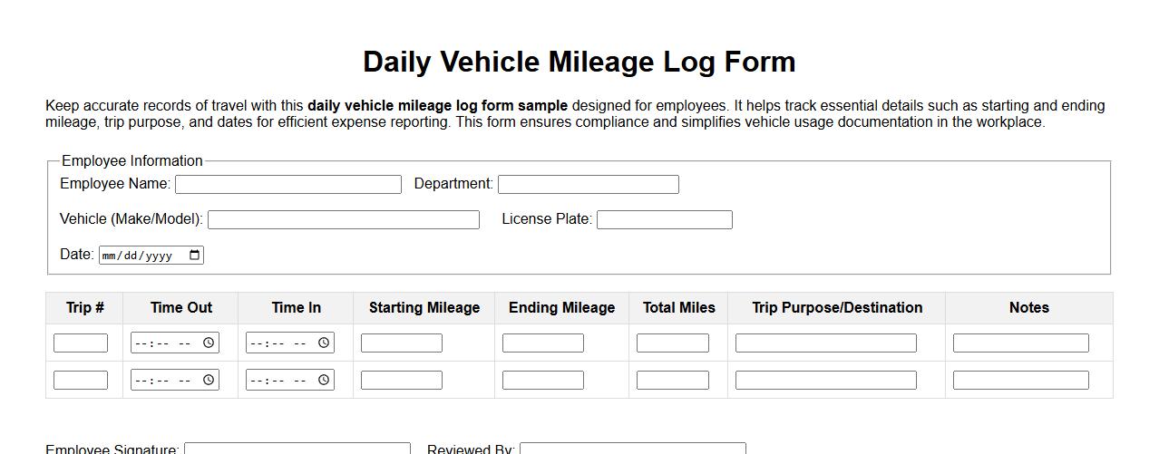 Daily vehicle mileage log form sample for employees image preview