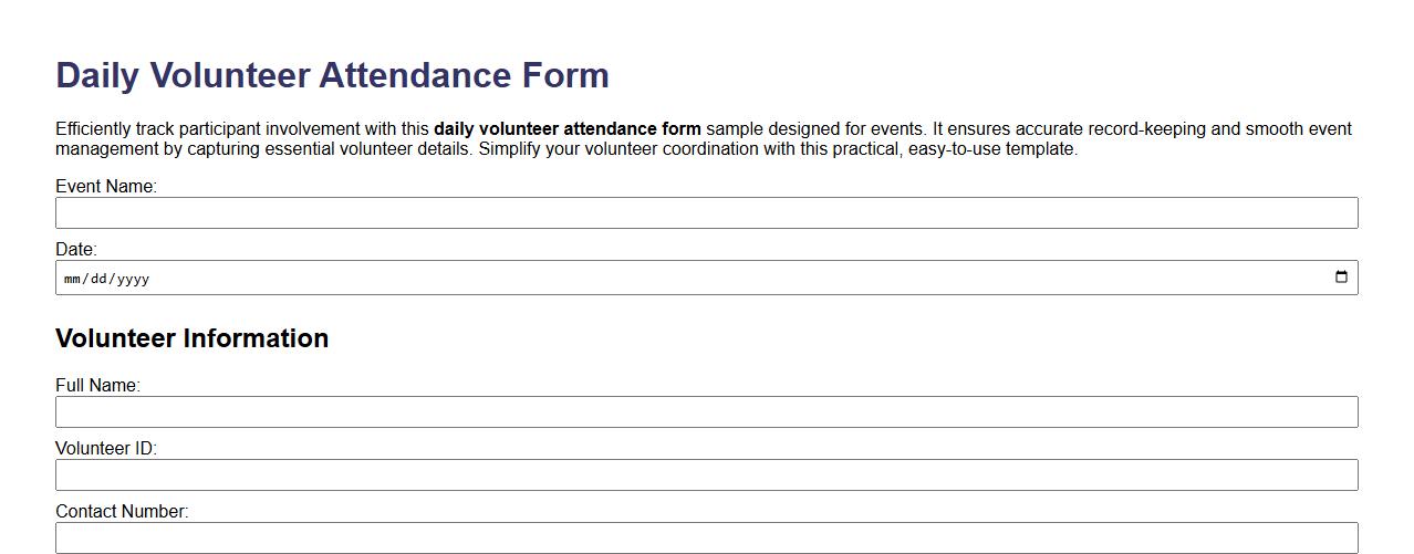 Daily volunteer attendance form sample for events image preview