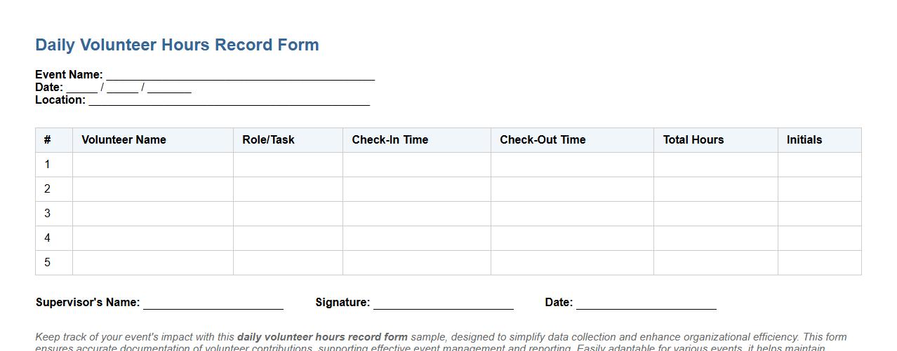 daily volunteer hours record form sample for events image preview