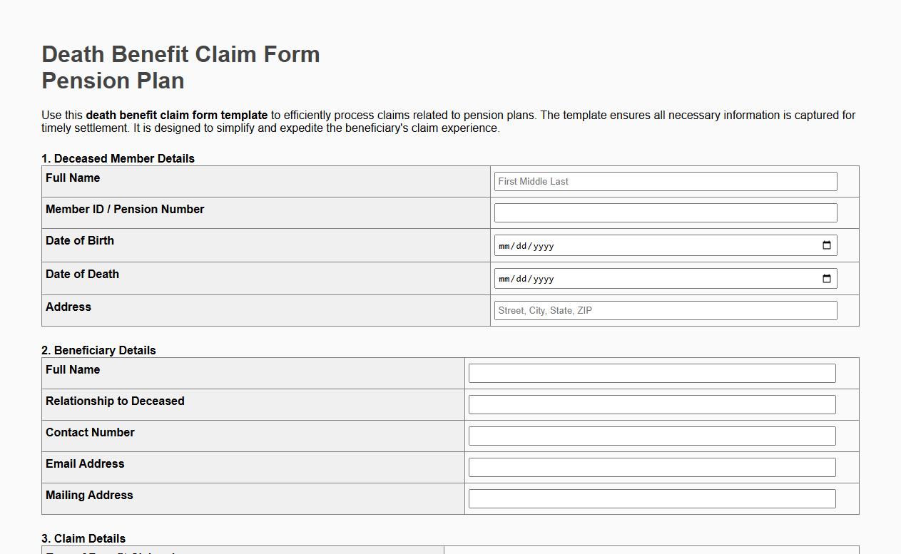 Death benefit claim form template for pension plan image preview