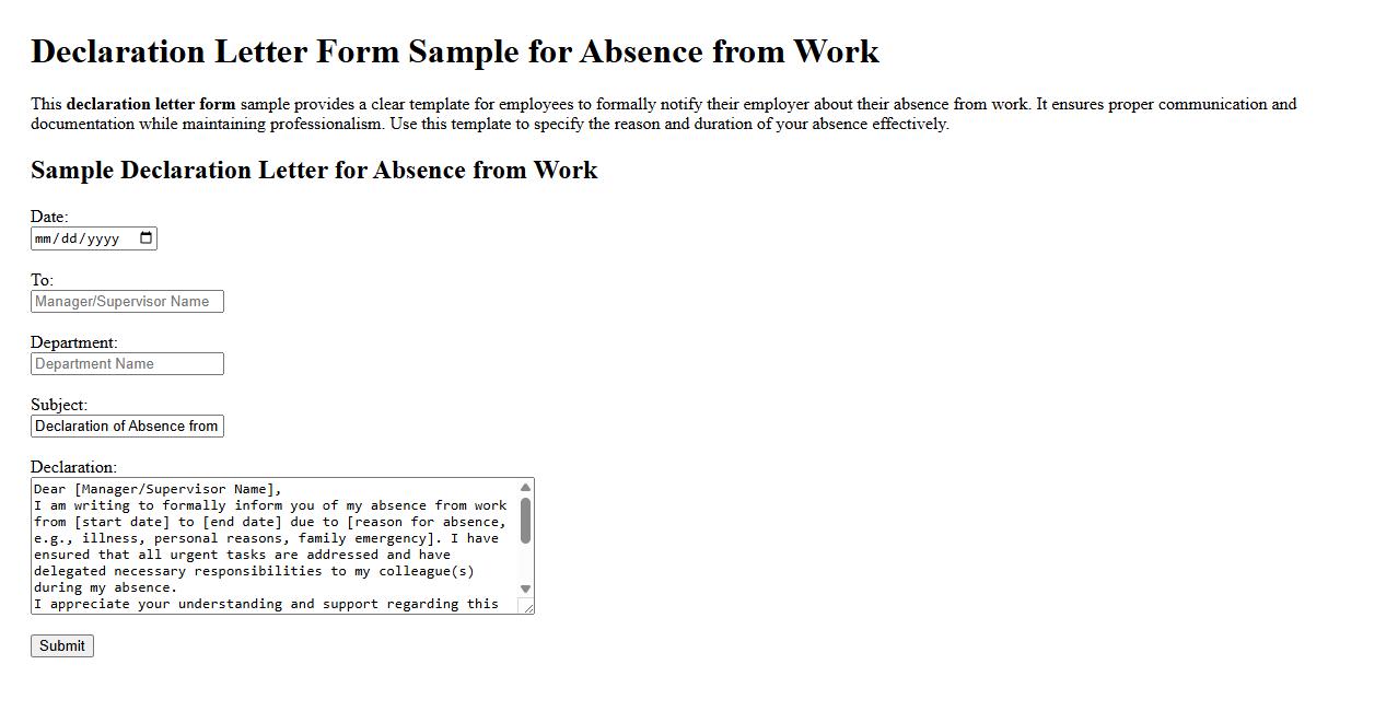 Declaration letter form sample for absence from work image preview
