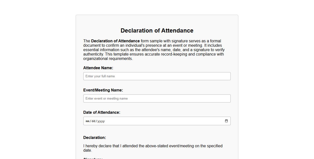 Declaration of attendance form sample with signature image preview
