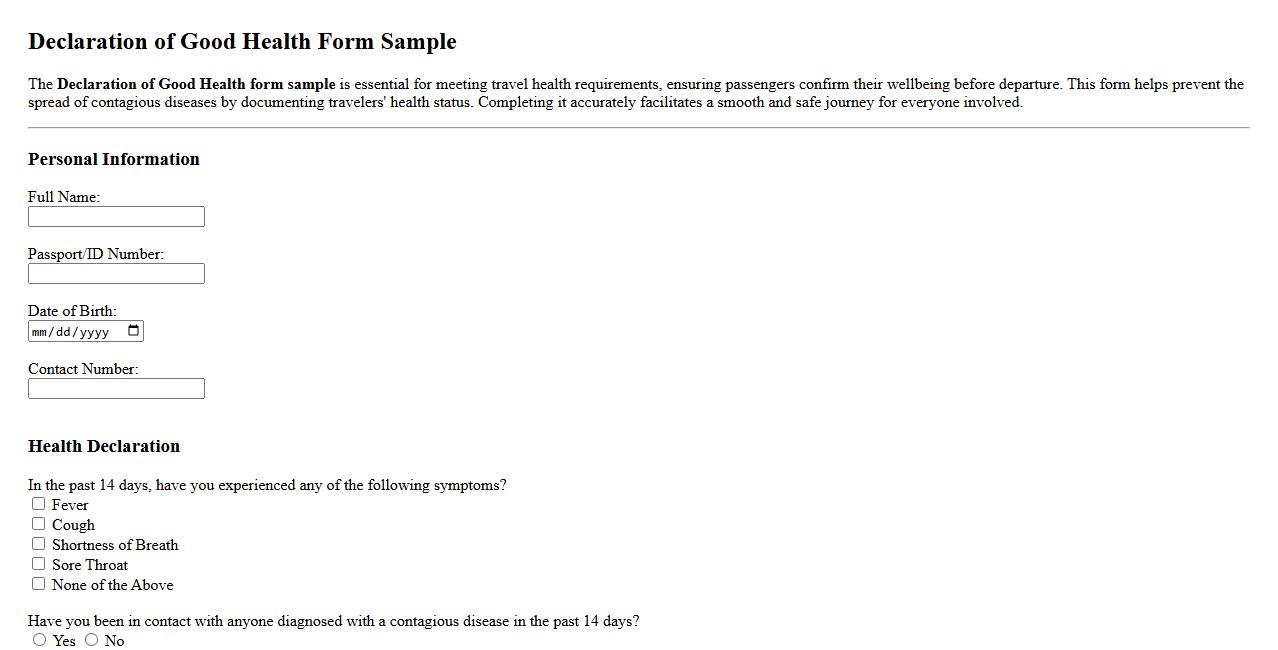 Declaration of Good Health form sample for travel requirements image preview