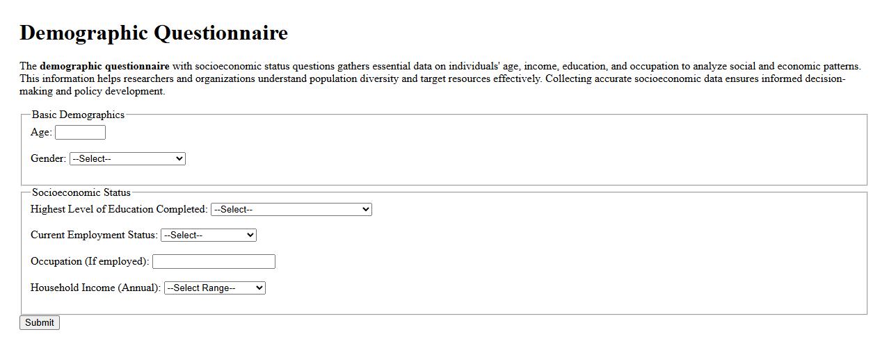 demographic questionnaire with socioeconomic status questions image preview
