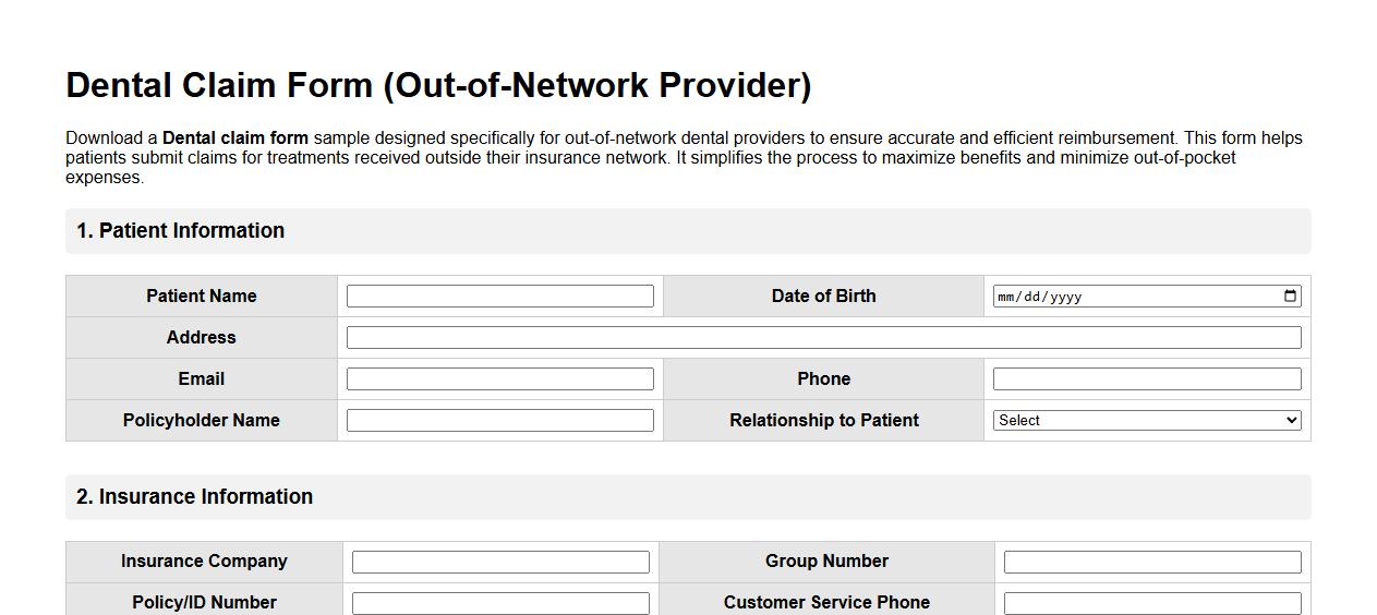 Dental claim form sample for out-of-network dental provider image preview