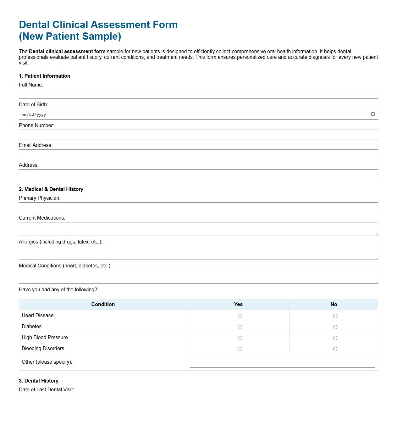 Dental clinical assessment form sample for new patients image preview