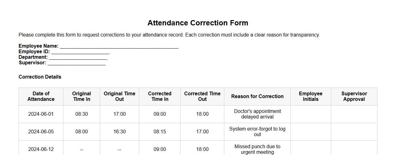 detailed attendance correction form sample with reason column image preview