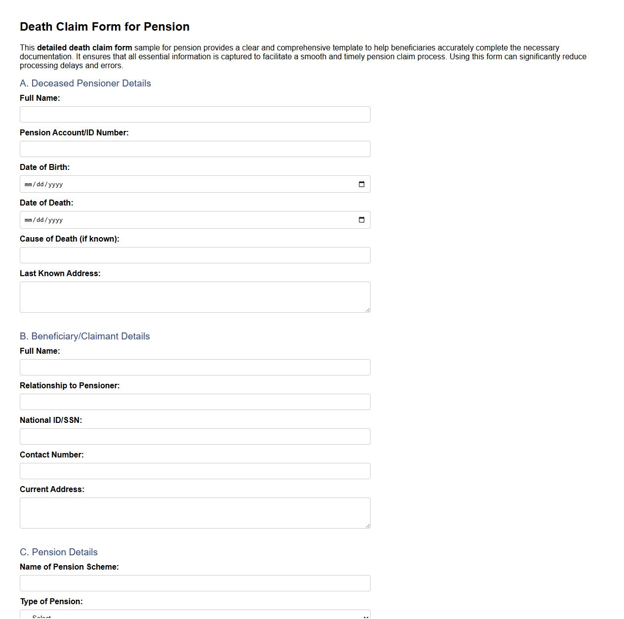 detailed death claim form sample for pension image preview
