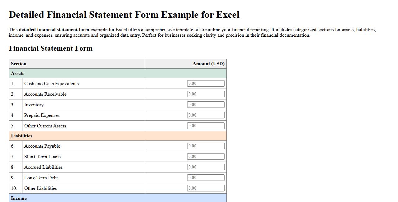 Detailed financial statement form example for excel image preview