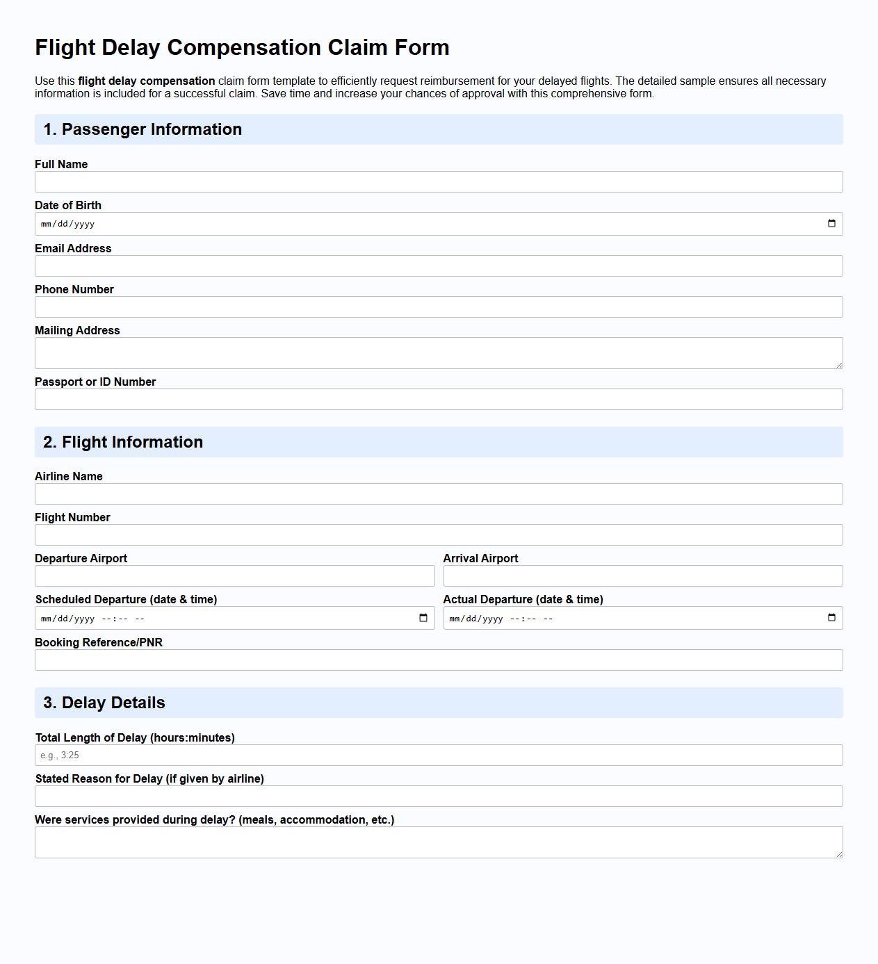 detailed flight delay compensation claim form template sample image preview