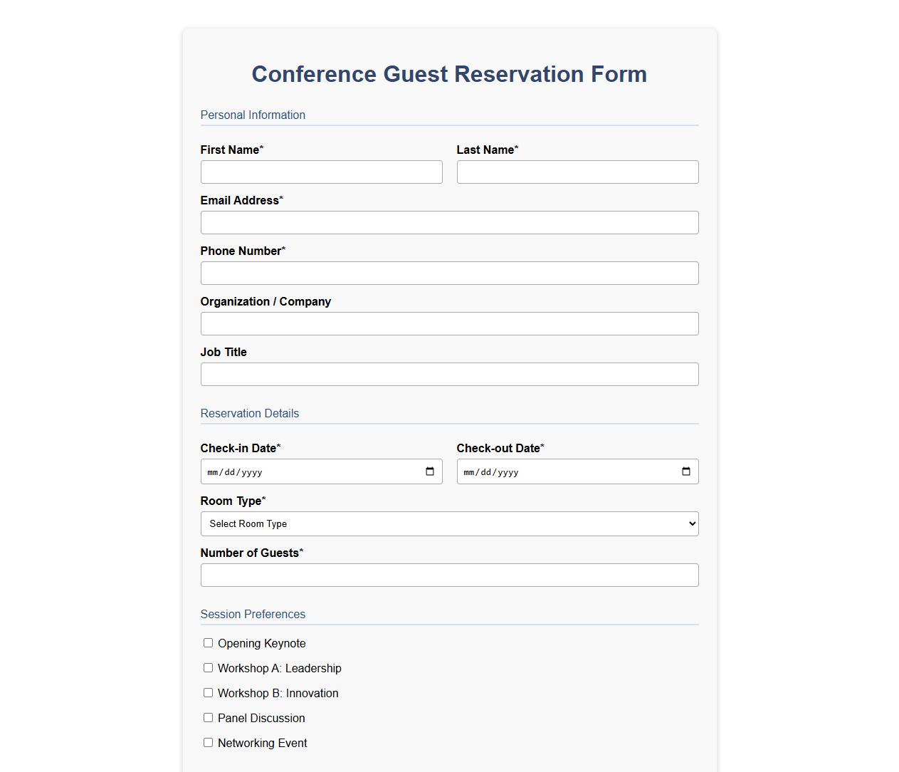 detailed guest reservation form sample for conferences image preview