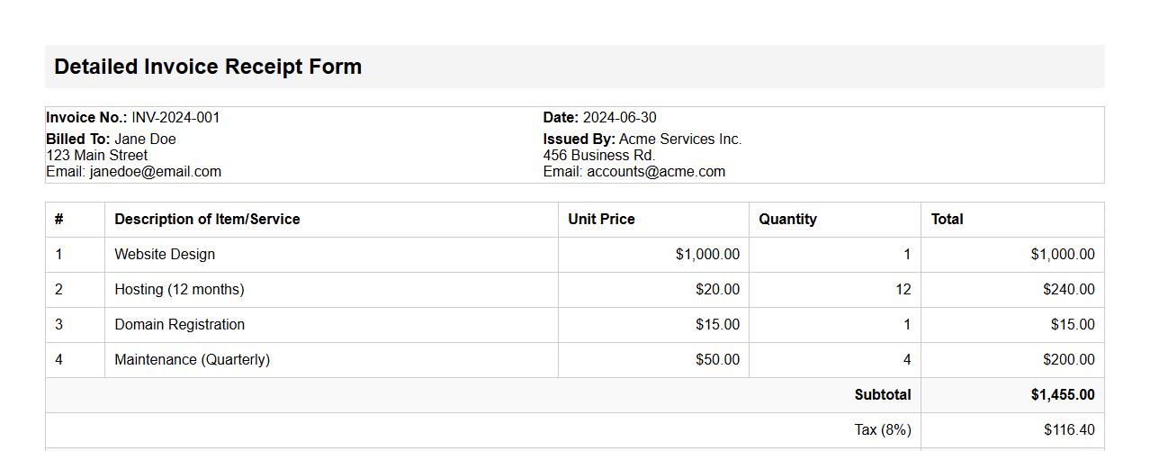 Detailed invoice receipt form sample with itemized list image preview