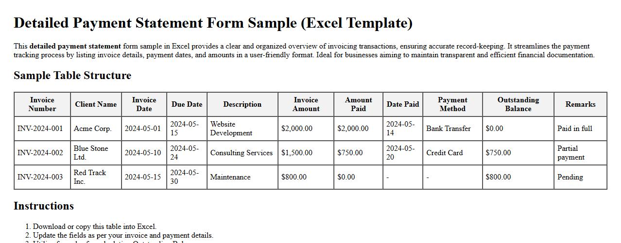detailed payment statement form sample excel for invoicing image preview