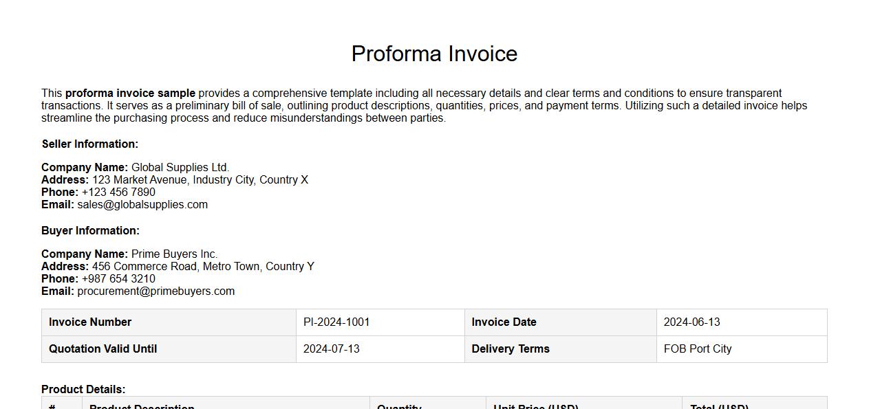 Detailed proforma invoice sample with terms and conditions image preview