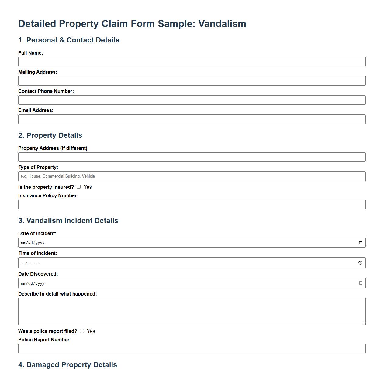 detailed property claim form sample for vandalism image preview