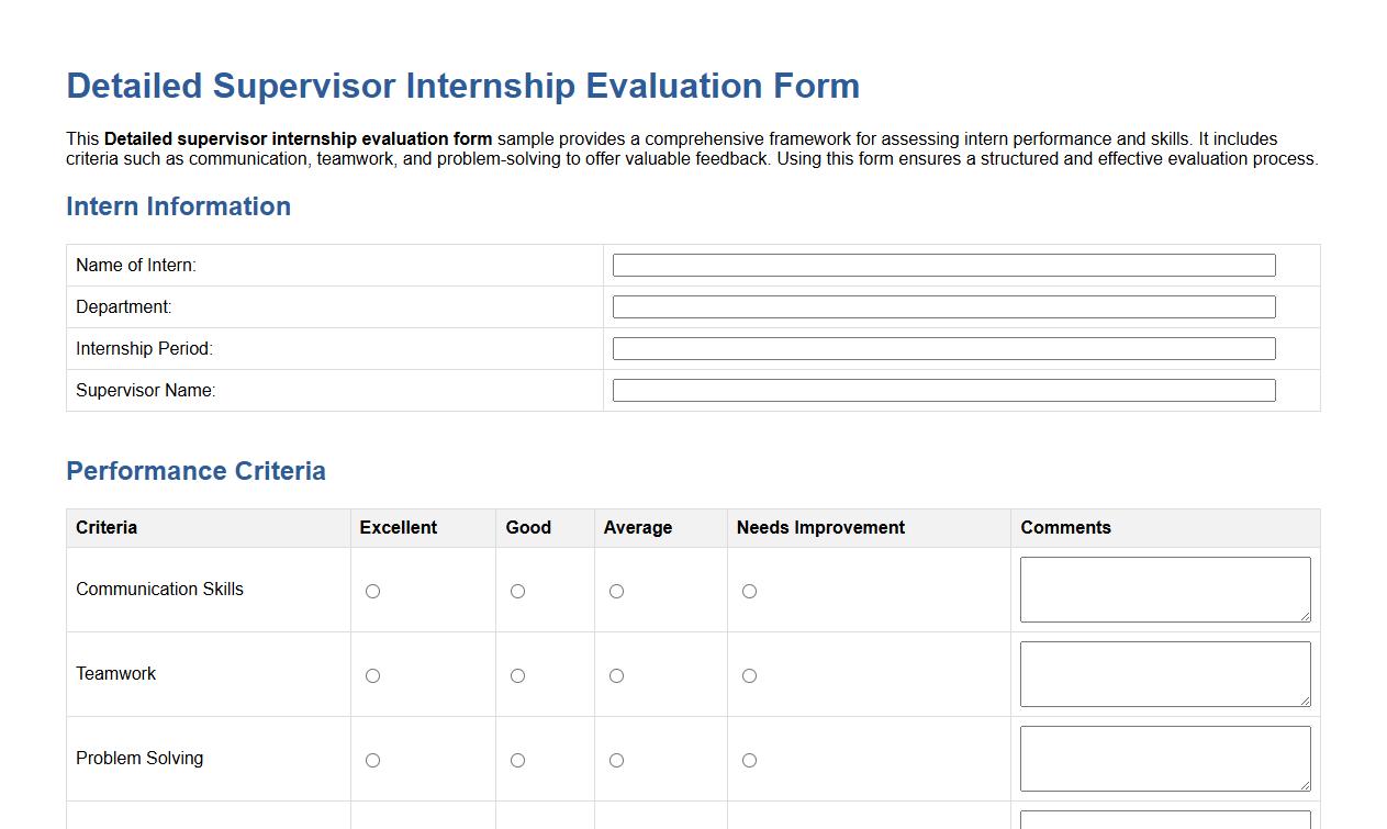 Detailed supervisor internship evaluation form sample image preview