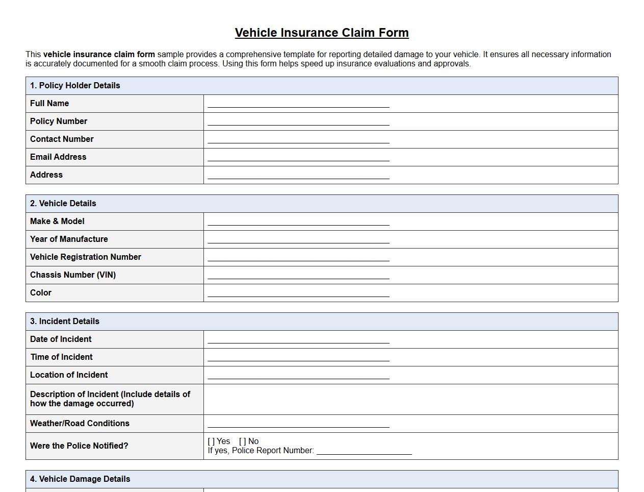 detailed vehicle insurance claim form sample for damage image preview