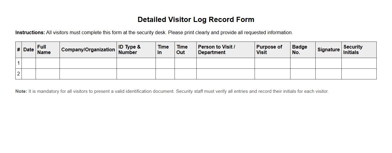 detailed visitor log record form sample for security desk image preview