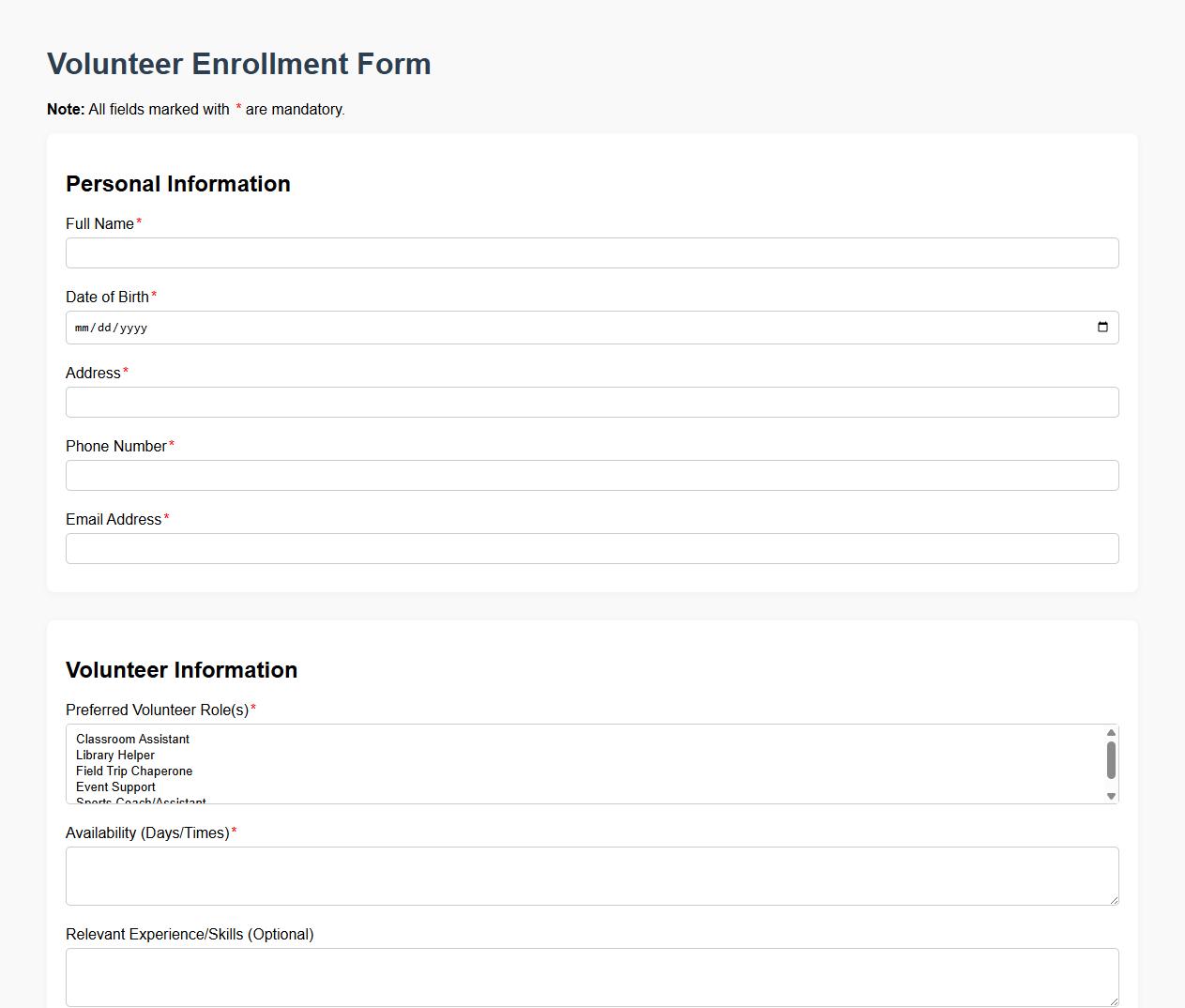 Detailed volunteer enrollment form sample for schools image preview