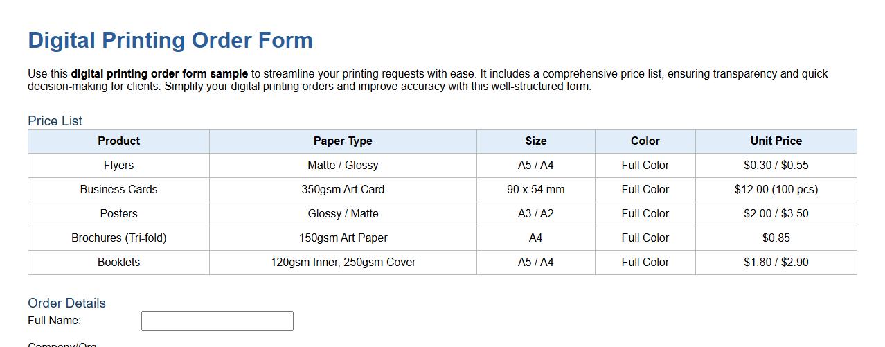 Digital printing order form sample with price list image preview
