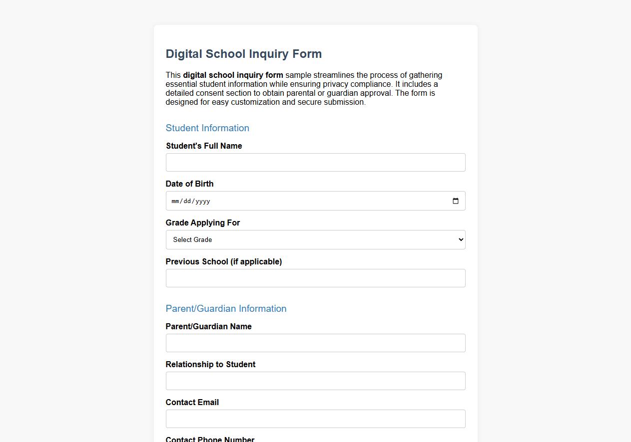 Digital school inquiry form sample with consent section image preview