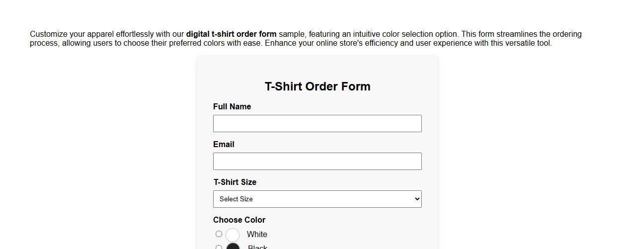 digital t-shirt order form sample with color selection image preview