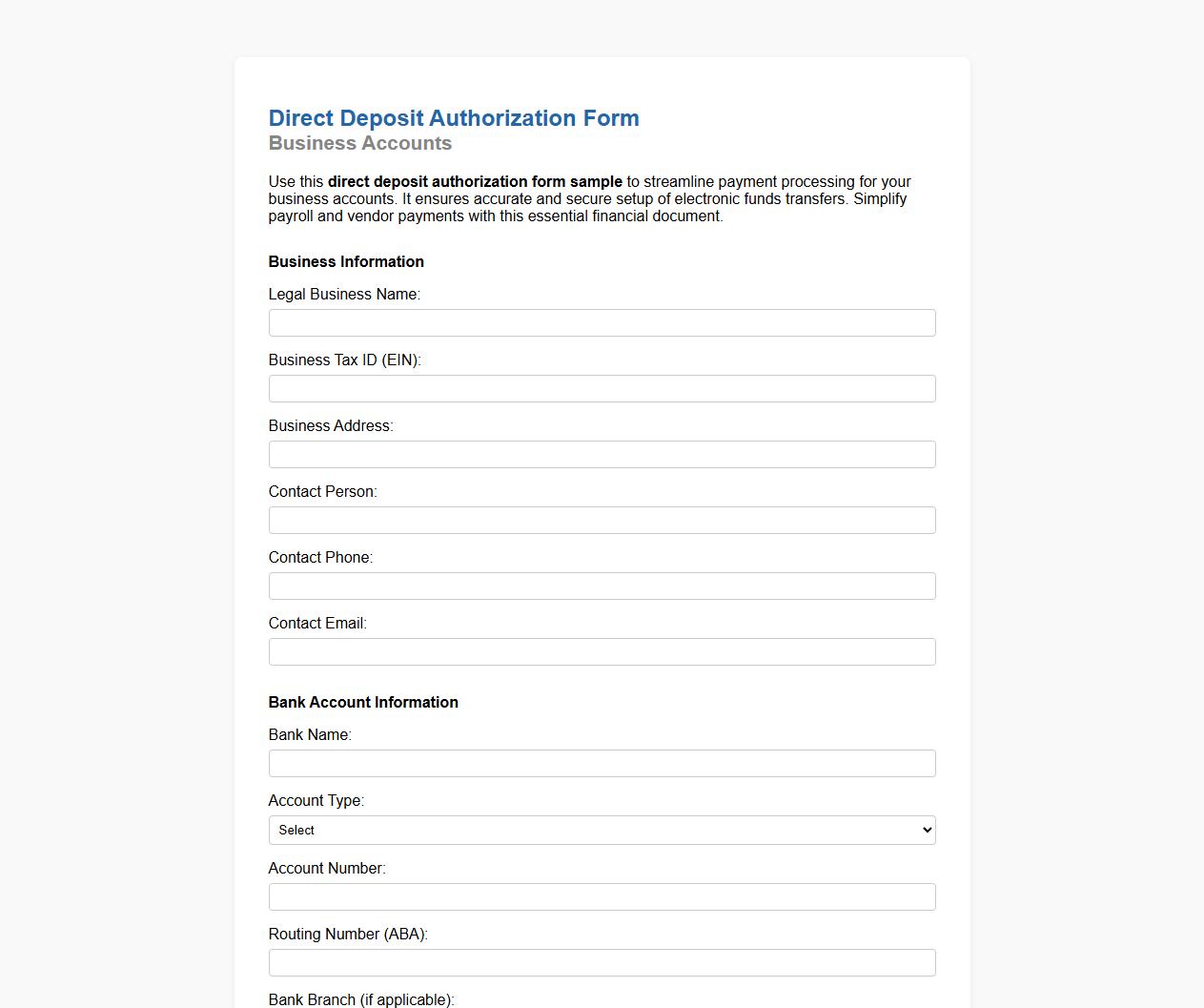 direct deposit authorization form sample for business accounts image preview