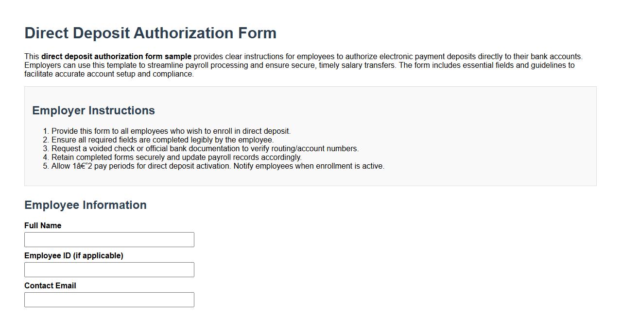 direct deposit authorization form sample with employer instructions image preview