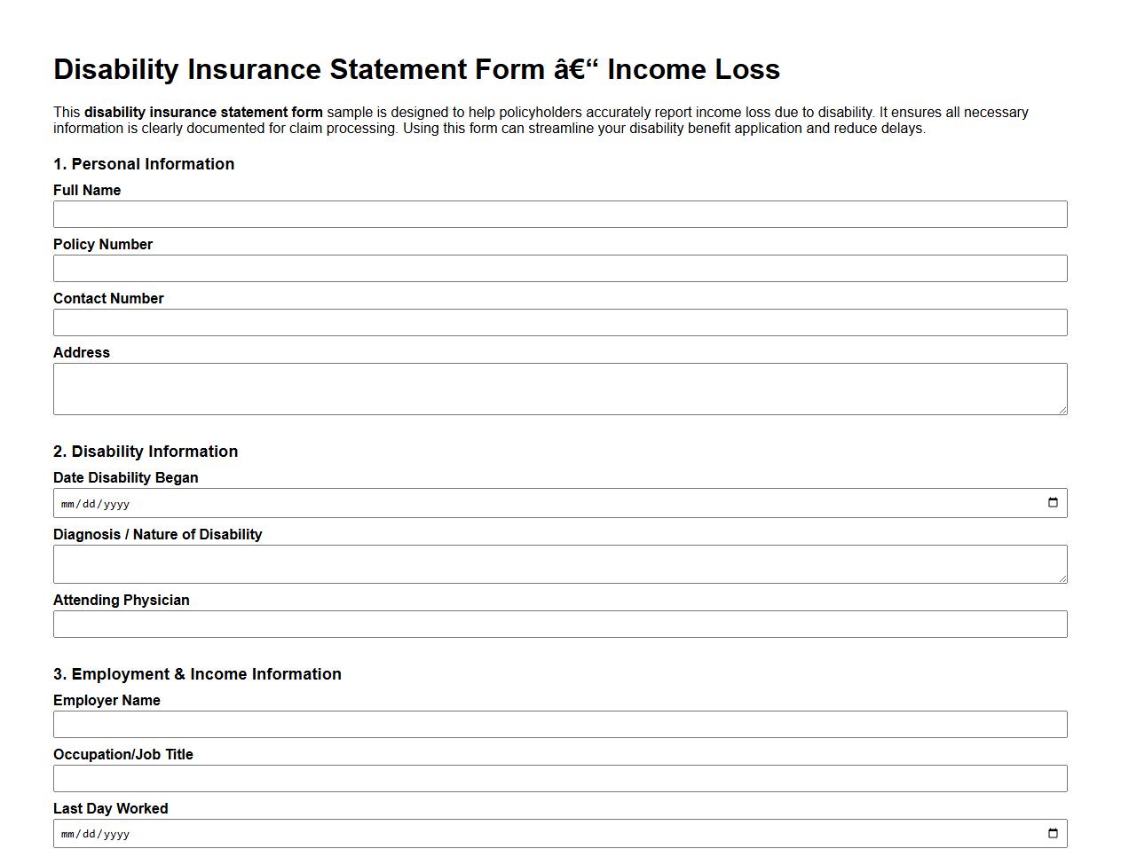Disability insurance statement form sample for income loss image preview