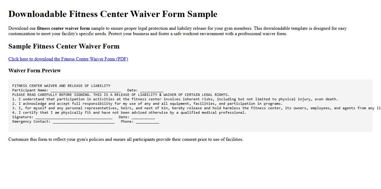 downloadable fitness center waiver form sample image preview