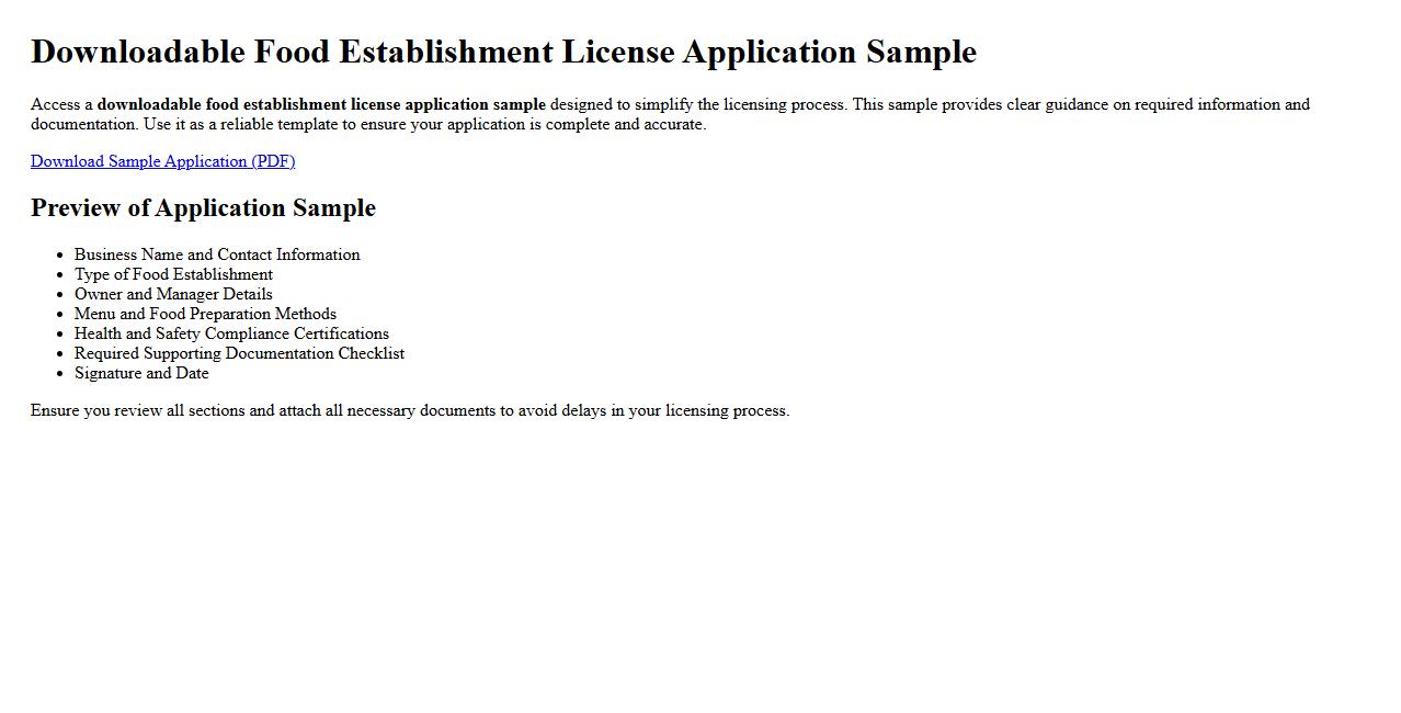 Downloadable food establishment license application sample image preview