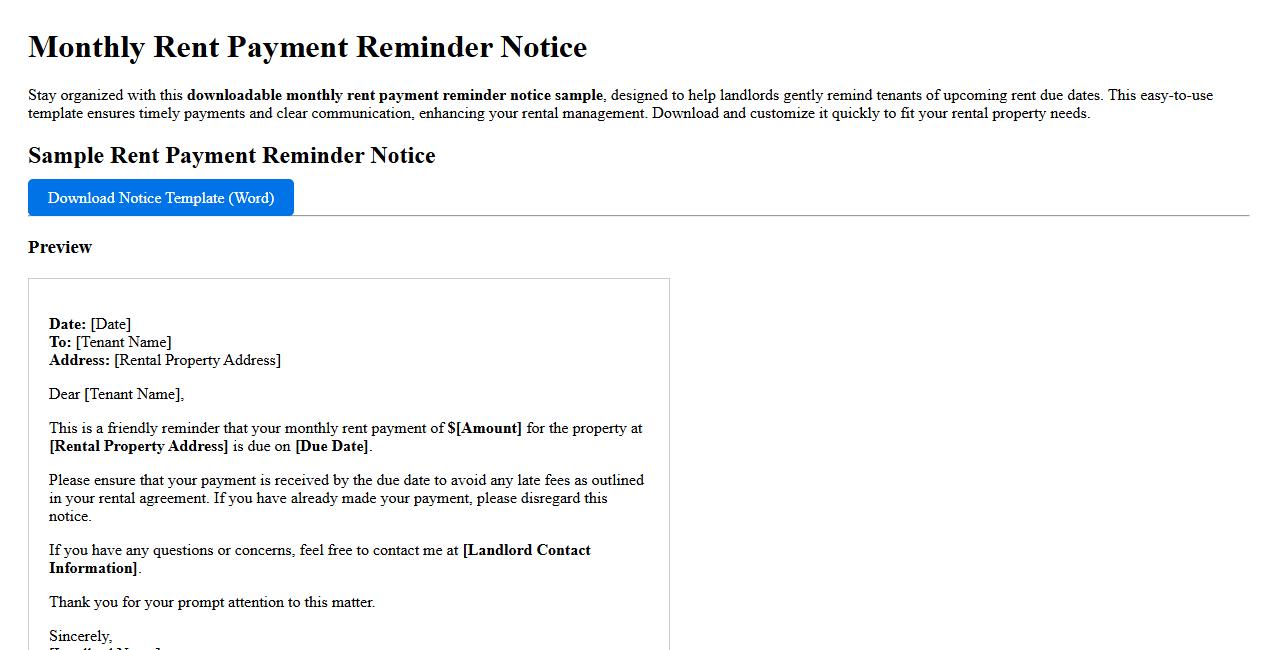 downloadable monthly rent payment reminder notice sample image preview