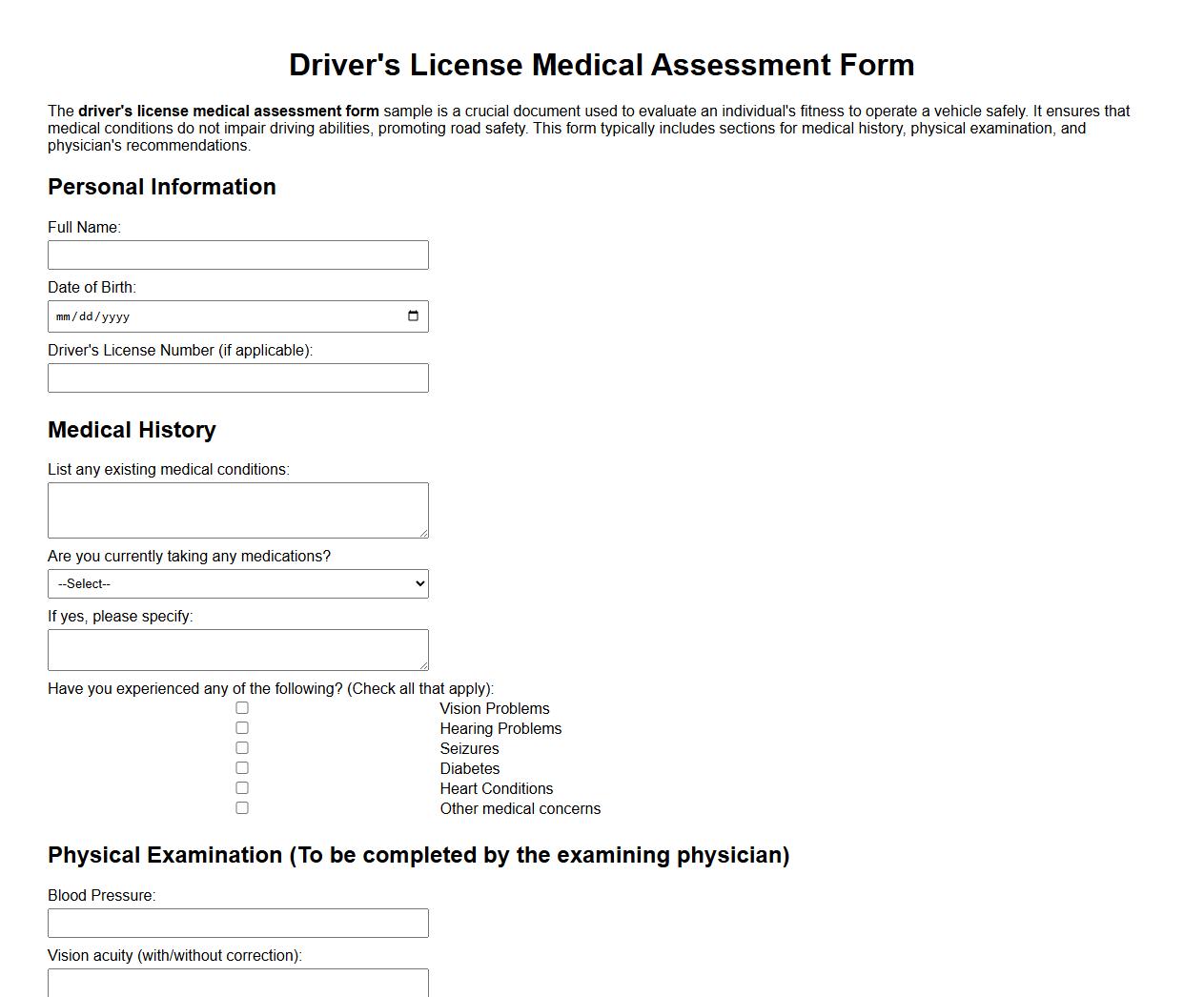 Driver’s license medical assessment form sample image preview