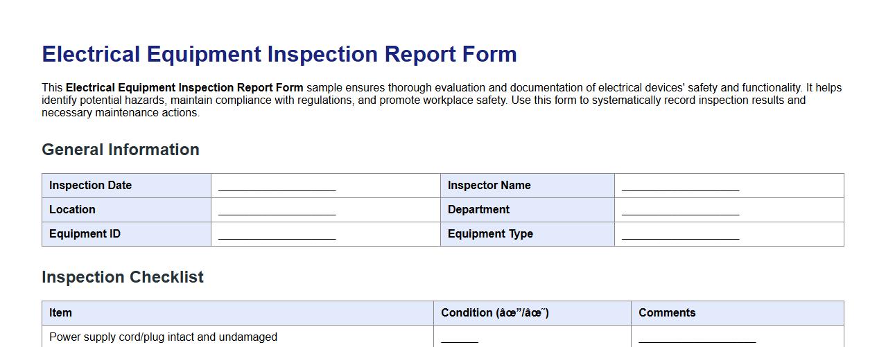 Electrical equipment inspection report form sample image preview