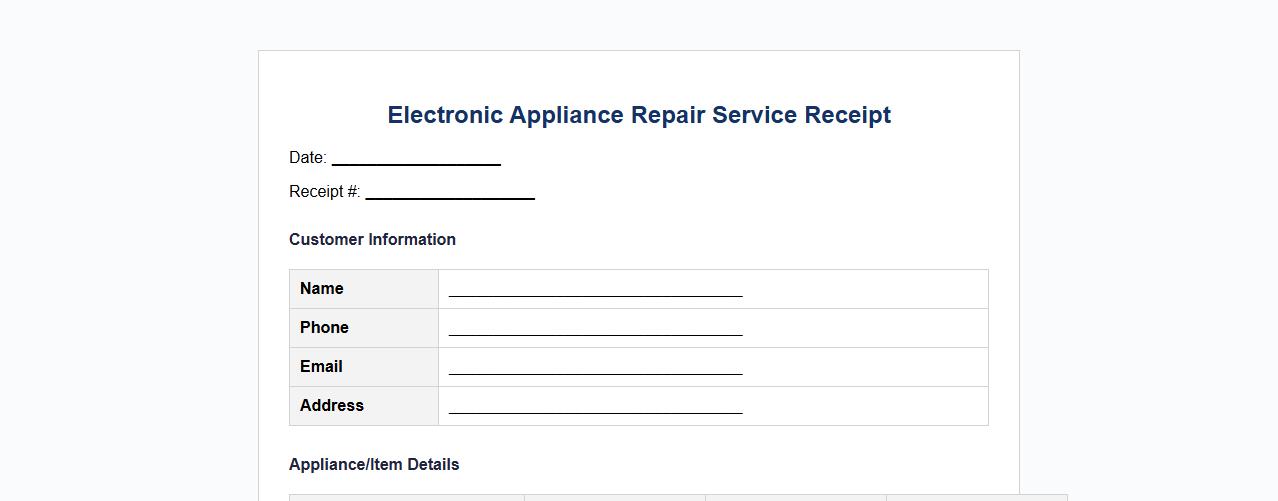 Electronic appliance repair service receipt template image preview
