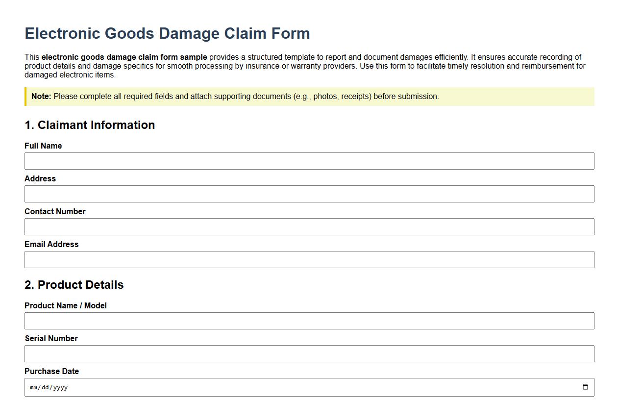 Electronic goods damage claim form sample image preview
