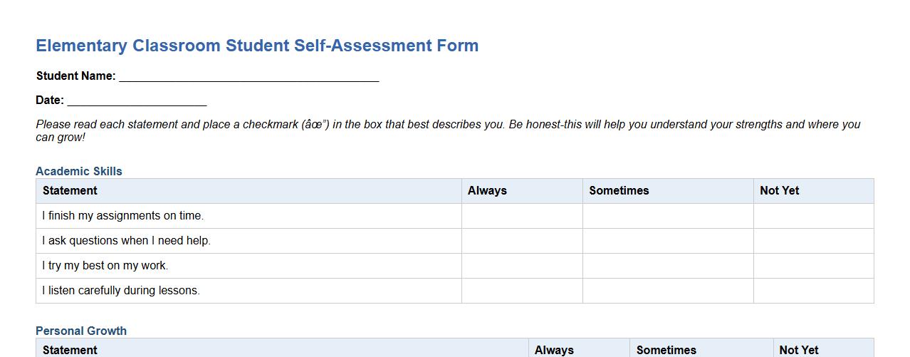 elementary classroom student self-assessment form sample image preview