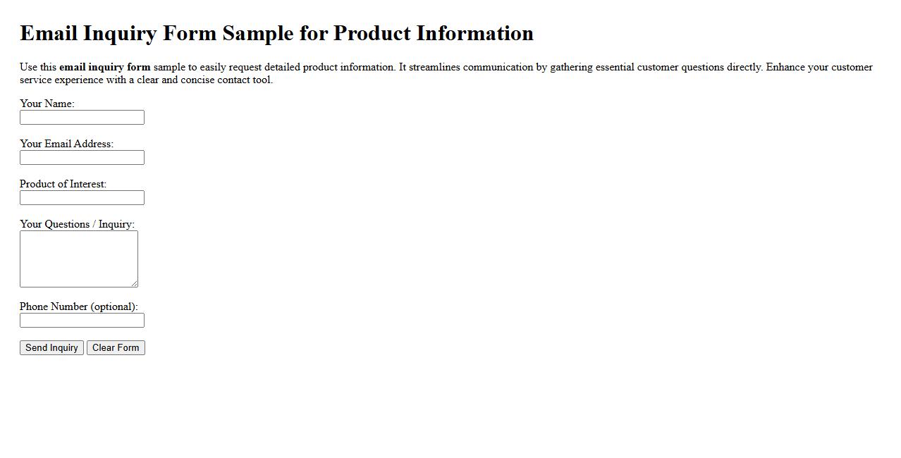 Email inquiry form sample for product information image preview