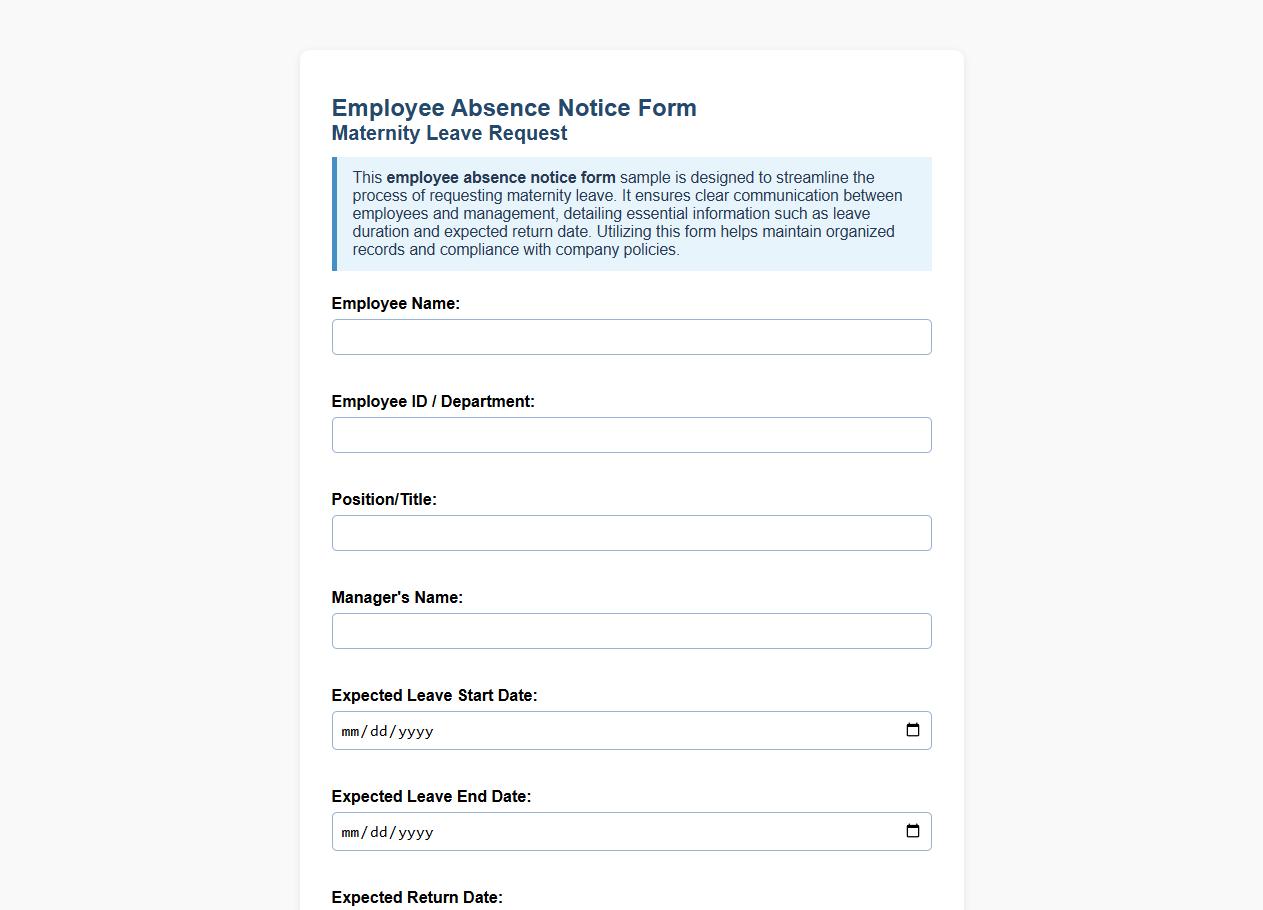 Employee absence notice form sample for maternity leave image preview