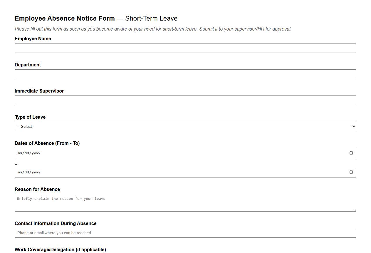 Employee absence notice form sample for short-term leave image preview
