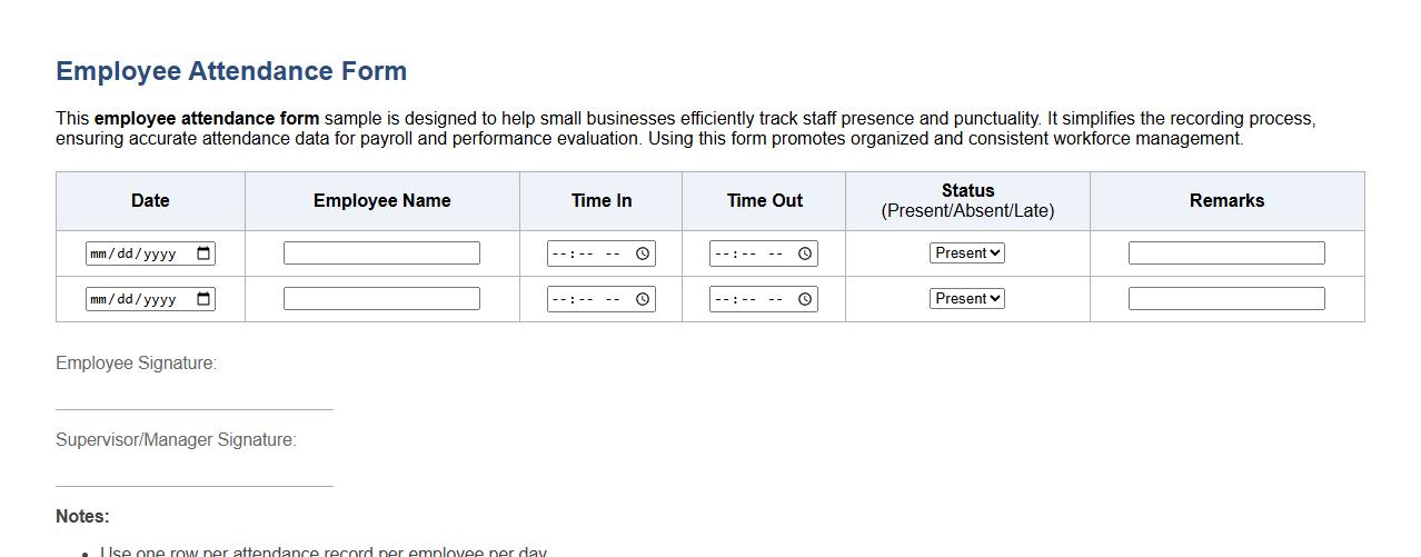 Employee attendance form sample for small business image preview