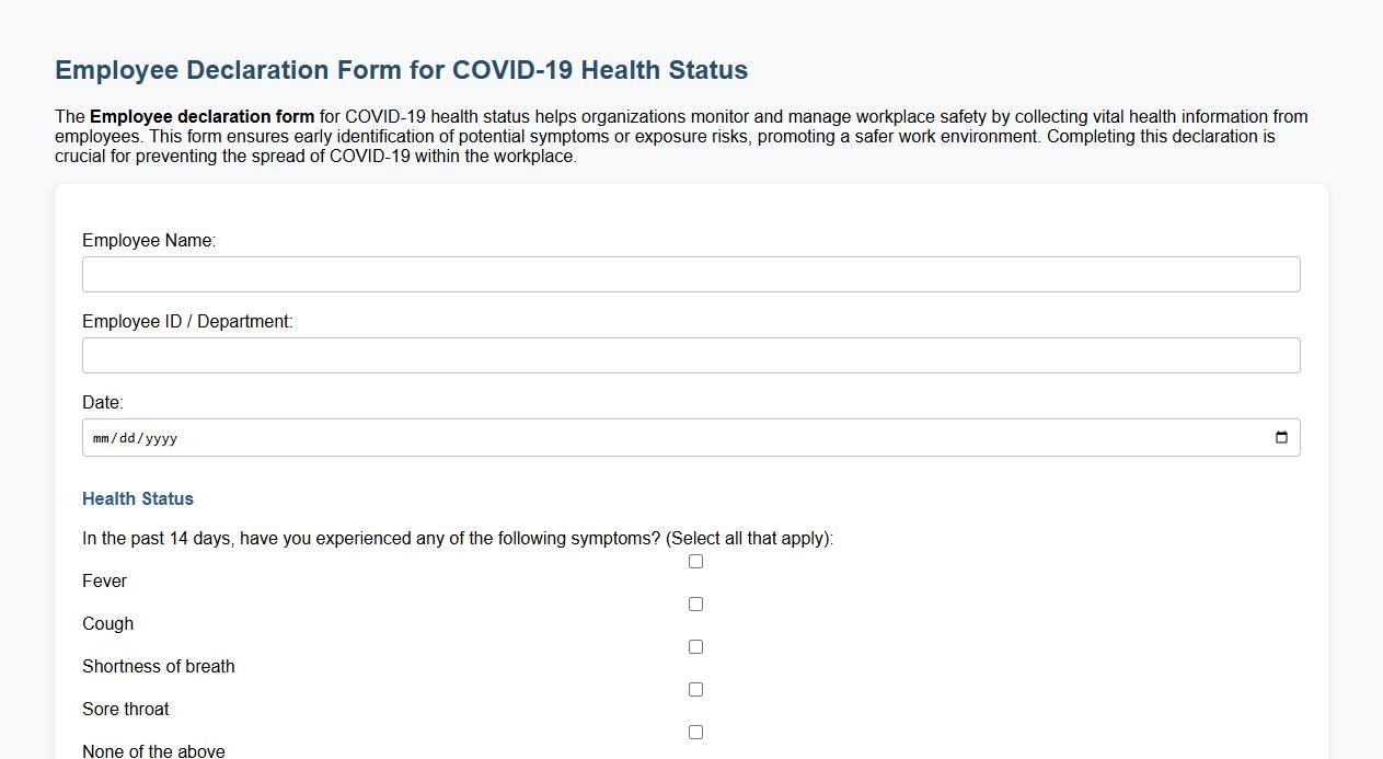 Employee declaration form sample for COVID-19 health status image preview